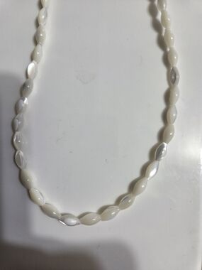 Vintage Carved Mother-of-Pearl Rice Bead Necklace with Barrel Clasp